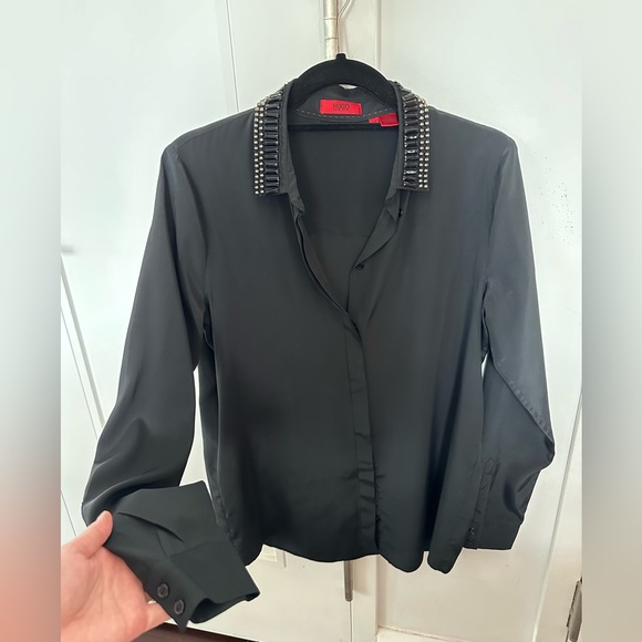 Hugo Boss Black Silk Blouse Size 40 US 8 jewellery collar - Picture 8 of 13